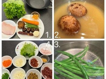step1: 冬菇和蝦米用水浸軟，去冬菇腳和蝦米去腸，冬菇用上湯煮15分鐘，攤凍後切細細粒。鴨胸去皮切細細粒，留皮備用，用醃料醃半小時左右