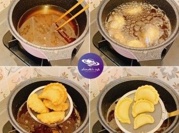 step5: 150℃ 油溫，中火，放入角仔，浮面後不停翻動，炸至淺黃色就撈起，撈起後會轉深色