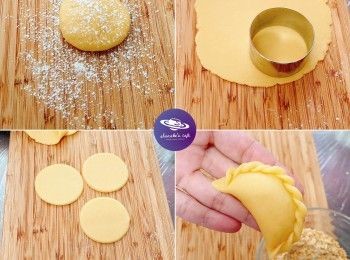 step3: 桌面灑粉，將麵糰擀薄約2mm厚，用6cm圓模切出角仔皮。用麵棍稍為擀成橢圓形