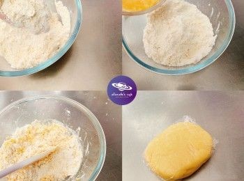 step1: 低筋麵粉加入豬油，用手掐碎粉粒狀。砂糖加入雞蛋內拌勻，再倒入麵粉內，搓成不黏手光滑麵糰，用保鮮紙包好，鬆弛30分鐘