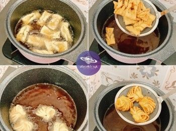 step4: 50℃ 滾油中火，放入蛋散，浮面後不停翻動，炸至淺啡色就撈起，撈起後餘溫會轉深色