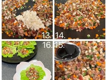 step4: 加入臘腸粒炒香，再加入蝦米粒炒香，再入冬菇粒，贊酒，加入蠔油同炒，之後加入甘筍粒，法邊豆粒同沙，再加入馬蹄粒和法邊豆粒同炒