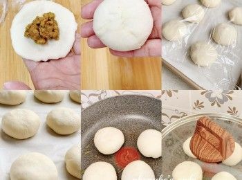 step3: 麵糰擀薄、包餡 、收口、按扁，發酵30分鐘。熱鍋放少少油，小火，加蓋煎8分鐘，反轉，加蓋，煎8-9分鐘