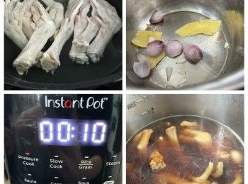 step1: 鵝掌洗乾淨，汆水，沖洗乾淨，用廚紙印乾水備用。雞湯預熱備用。內鑊加熱用油爆香乾蔥和薑片