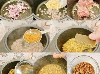 step2: 乾蔥、蒜蓉炒香，加入豬肉炒。加入咖哩粉、咖哩磚、少少水煮溶。加鹽，煮至濃稠，關火放涼