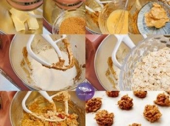 step2: 牛油打軟，加入黃糖打勻。分3次加入蛋打勻。加入花生醬、麵粉、梳打粉、燕麥片、果乾拌勻。用匙羹拿起需要份量，放在牛油紙上面。放入焗爐180度15分鐘