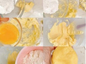 step1: 牛油放至軟身，打發一下。加入糖粉打發至淡黃色。分兩次加入雞蛋打勻。篩入低筋麵粉、奶粉、鹽，用刮刀切拌方式拌勻，用手搓至成糰，包保鮮紙放入雪櫃冷藏30分鐘