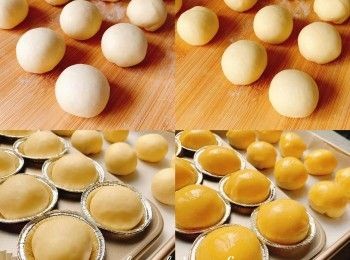 step3: 麵糰發酵完倒出排氣，分割15g一個，滾圓，蓋上保鮮紙鬆弛10分鐘
按壓麵糰，滾圓；放入焗爐，放暖水，發酵45分鐘至兩倍大。預熱焗爐170度，菠蘿皮取出，分割7g一個，滾圓，放在保鮮紙上擀平，放在麵糰上，掃蛋液，放入焗爐中層，170度焗15分鐘至黃金色