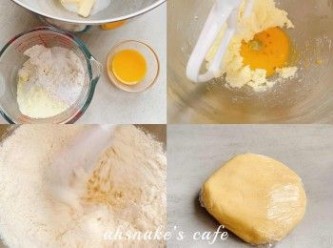 step2: 預備菠蘿皮，將牛油、豬油和砂糖拌勻；加入蛋液、牛奶拌勻；篩入所有粉類，攪拌至沒有粉粒，用保鮮紙包好放入雪櫃