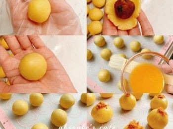 step3: 麵糰取出，分割40g一個，搓圓，壓凹，包入肉鬆餡，收口搓圓。掃蛋黃漿，放少許肉鬆裝飾。放入已預熱焗爐170度焗16-18分鐘