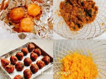 step2: 咸蛋黄加少許米酒拌勻，放入焗爐150度8分鐘或至起泡，用叉壓碎。加入豬肉鬆、紫菜碎、蛋黃醬拌勻，分割8g一個，搓圓，備用