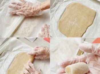 step3: 檯面鋪牛油紙，灑上熟糯米粉，放上糕糰。鋪上一張牛油紙，用麵棍擀薄。捲成圓條狀，撒上熟粉，切件，放涼食用