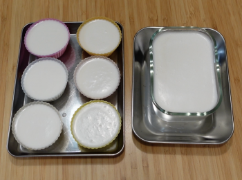 step3: 將溶液過篩再倒入容器，放涼後冷藏至凝固，需時約1-2小時