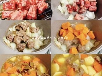 step1: 牛肋條解凍洗淨，切件。薯仔、紅蘿蔔、洋蔥切件，咖哩磚切粒。熱鍋下油，爆香洋蔥，煎香牛肋條。加入紅蘿蔔，加水至蓋過<span class="group_1">食材</span>，滾起後轉小火，加蓋炆煮30分鐘