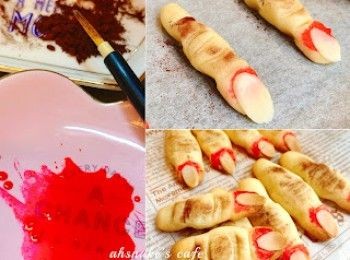 step1: 麵糰做法：1. 無鹽牛油加入砂糖打至蓬鬆 2. 加入雲呢拿油拌勻 3. 篩入中筋麵粉、杏仁粉拌勻成糰。女巫手指：指甲-杏仁片/杏仁粒 。血漿-食用色素紅色/果醬 。骯髒感-可可粉。詳細做法看步驟5食譜