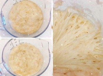 step5: 再啟動選擇「2 檔」，搓約10-15分鐘粉團（搓至可拉出透明的薄膜；時間會比直接法縮短，加了液種／波蘭種的粉團，筋性形成和發酵速度都會較快，和麵時間不需太長） 2. 將粉團滾圓（粉團比較濕黏不成形；可用刮板協助整理粉團／雙手沾上少許麵粉），收口向下，放入器皿（器皿預先塗上少許油），蓋上保鮮紙，靜置10分鐘