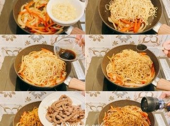 step2: 放入蛋麵炒勻，轉小火，加生抽、蠔油、糖炒勻，再加老抽炒勻，放回牛柳絲炒勻，撒黑胡椒，熄火完成