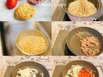 step1: 牛柳絲加醃料拌勻，生油最後落
鍋放入水加熱，放入蛋麵，弄散，隔水，加少許生油防黏，備用
熱鍋下油，炒牛柳絲至7成熟，盛起
原鍋下油，加入洋蔥、紅椒炒軟，加蒜蓉炒香