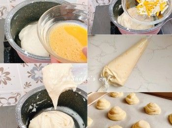 step3: 雞蛋液分次逐少加入，先加少許拌勻，再逐少加入拌勻，直至麵糊在刮刀上呈倒三角形。麵糊放入唧花袋，唧出球狀。放入焗爐180度18-20分鐘