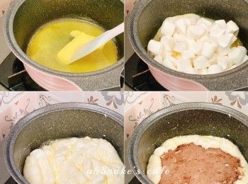 step2: 小火煮溶牛油，放入棉花糖煮至溶化，熄火；加入奶粉、可可粉拌勻至沒粉粒