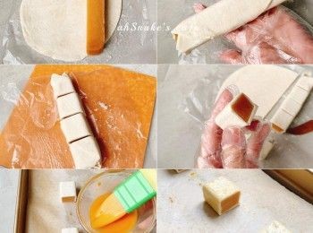 step1: 年糕切條，手抓餅輕微回軟，放上年糕捲起，切件，掃蛋液