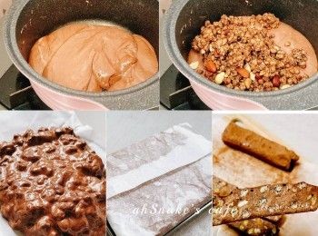 step3: 加入脆米穀物拌勻；放在已鋪上牛油紙的長方盤上，用手和刮板壓平；放涼後，撒上可可粉，切件