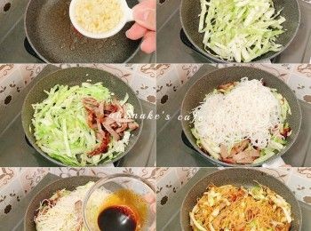 step2: 熱鍋下油，加入蒜蓉炒香，加入椰菜炒軟，加入叉燒炒勻，放入米粉、調味料炒勻，試味。加麻油炒勻即可上碟
