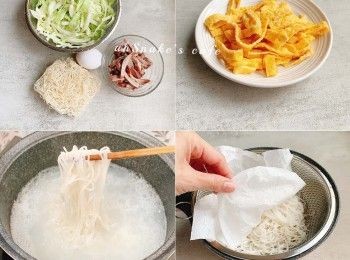 step1: 水滾落米粉煮散即撈起，過冷河，隔水，廚房紙濕水蓋好防乾。熱鍋下油，煎蛋，切絲，備用