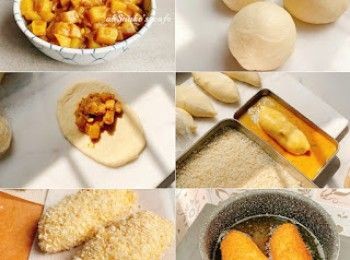 step1: 咖哩餡做法：
1. 熱鍋下油，炒香洋蔥、蒜蓉
2. 加入咖喱粉炒香
3. 加入薯仔粒、咖喱磚、清水煮10分鐘至薯仔熟
4. 加鹽調味
5. 放涼，放入雪櫃冷藏