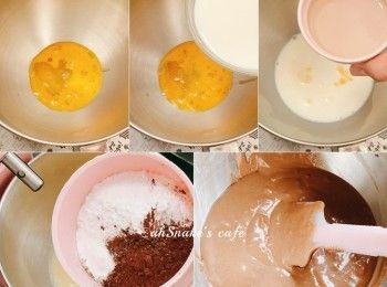 step1: 雞蛋、砂糖、牛奶、菜油 拌勻。篩入糯米粉、可可粉、泡打粉拌勻