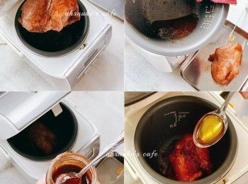 step2: 6. 大約15分鐘後打開飯煲，將叉燒翻面，蓋上繼續煮至跳掣
⒎ 完成後，取出叉燒，倒起煲內醬汁
再放回叉燒，加入調味料拌勻