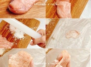 step1: 1. <a href="https://bit.ly/3EZL8dD" target="_blank" data-keyword="雞胸" class="guide-link"><strong>雞胸</strong></a> <span style="display:inline-block;vertical-align:middle;margin-top:-3px;color:initial;border-radius:3px;padding:2px 3px;font-size:12px;line-height:14px;background:#87d300;color:#fff;">即買</span> 肉解凍洗淨印乾水，切成薄片 2. 雞肉兩邊沾上粟粉，放入保鮮袋，用麵棍敲打至薄身，約兩倍大
