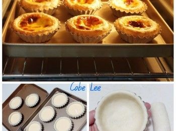 step1: 做法：
1）將酥皮室溫軟化（可捲起既軟度）將每塊酥皮捲成圓柱形，然後切成3段，壓扁圓形，按入撻模
2）蛋漿：將所有材料拌勻過篩
3）預熱焗爐190度5分鐘，將蛋漿倒入撻摸7～8成滿，焗190度20分鐘，出爐放涼完成
😊每個爐溫火力唔同，要自行目測調整