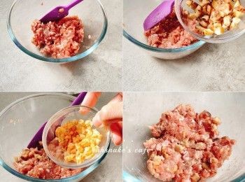 step1: 1. 冬菇、蝦米浸軟，切粒
2. 豬肉碎、生抽、糖、胡椒粉拌勻
3. 加入水拌勻至黏性
4. 加入粟粉拌勻
5. 加入冬菇、蝦米
6. 加入麻油拌勻