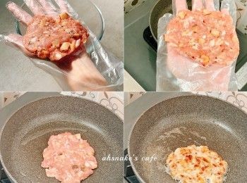 step2: 7. 分割5份或想要份量，搓圓壓扁，可以放入雪櫃冷藏15分鐘後才煎
8. 熱鍋下油，放入肉餅，小火，定型後才翻面，煎至兩面金黃色