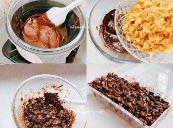 step1: ⒈熱水座溶朱古力 ⒉ 加入粟米片拌勻 ⒊ 倒入模，壓實約18x14cm