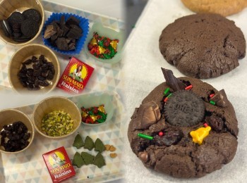 step6: 預熱焗爐，160度焗10分鐘，之後取出在曲奇面上插上不同裝飾
💚綠色：提子乾 + 迷你薑餅人曲奇/迷你 Oreo 半塊/1塊
  ❤️紅色：提子乾 + 聖誕食用裝飾 + 迷你 Oreo 半塊/1塊
  🤎啡色：提子乾 + 聖誕食用裝飾 + 朱古力碎 + 迷你 Oreo