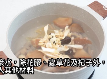 step19: 煲滾水，除花膠、蟲草花及杞子外，放入其他材料