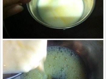 step1: 將fullcream牛奶，煉乳，芝士加入碗中，隔水煮溶。
蛋加入大盆中，利用叉子大至大泡，然後加入煮溶的芝士湖面和玉米油，攪拌均勻。