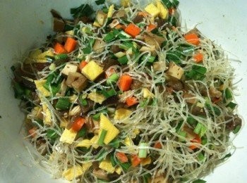 step17: (11) 再放入步驟(2)的「韮綠段」和步驟(6)的「韮白段」、「薑末」、「蒜末」和「蝦米碎」，用筷子攪拌均勻，內餡就完成了。