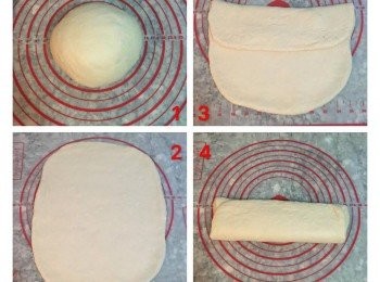 step5: 空氣排出後即可將麵糰倒在工作檯上,收成大圓型後,再進行壓桿,先桿成一片長方型,在從上、下往中間摺,摺成一條厚的長方型.然後再次桿開,再摺三摺, (此動作需重覆最少三次, 桿越多次麵糰會越光滑,組織也會越有彈性.)