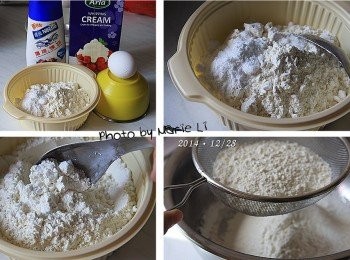 step1: 將低筋麵粉、糖粉、鹽
混合均勻後過篩到工作鋼盆裡


※鮮奶油可以轉換成等量的無鹽奶油，放室溫軟化後再使用。

※加蛋黃會比較酥鬆，若是喜歡硬脆的口感，
就把蛋黃改成鮮奶 30g左右。