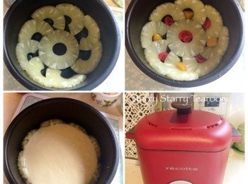 step3: 將菠蘿和雜果隨心意鋪在煲底，然後倒入粉漿。飯煲調較至slow cooking mode, 時間為一小時。