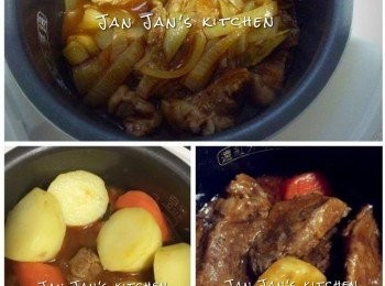 step3: 全部大火煮滾後，倒入電飯鍋，按煮飯掣炆35分鐘，開蓋放入薯仔甘荀撈勻續炆多25分鐘關掣，然後按保溫掣保溫30分鐘即成。
不用電飯鍋炆的時間就要長一點了。