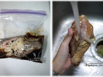step2: 3 雞腿肉也入放密封袋裡，空氣擠出密封後放入冰箱冷藏醃2小時入味(也可前一晚醃好放入冷涷) 
4 取出沖洗、擦乾後