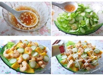 step5: 接著用少許的和風醬汁加上白芝麻淋上生菜盆中，在放入芒果丁與鮮蝦擺飾，最後灑上沙拉醬