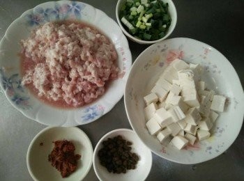 step1: 豆腐洗淨並切塊，絞肉【澎湖豬肉】洗淨，青蔥切珠，豆鼓，辣豆辦醬，備用；