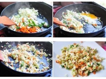 step2: 先將好菇道-雪白菇 、高麗菜絲、紅蘿蔔末及蔥花一起拌炒，再將雞蛋於鍋邊打入讓它呈現半熟狀態時，再用鍋鏟拌炒數下，並於其他<span class="group_1">食材</span>攪拌均勻，再加入肉燥與胡椒鹽調味即可起鍋