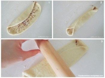 step6: 1&2）将两侧的边缘往内折。 3）再次压扁并擀成1公分的厚度再把面团卷成圆柱状。