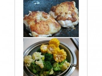 step3: 1.雞腿不放油.皮朝下煎至金黃.翻面灑點水蒸氣上來蓋鍋蓋5分鐘至全熟 2.玉米.青花菜川燙備用